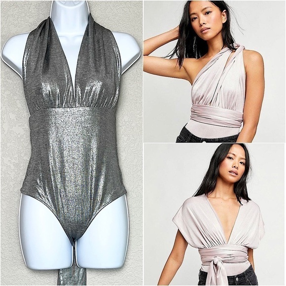 FREE PEOPLE 70s Metallic Silver Convertible Halter Sleeveless Thong Bodysuit S - Picture 1 of 8